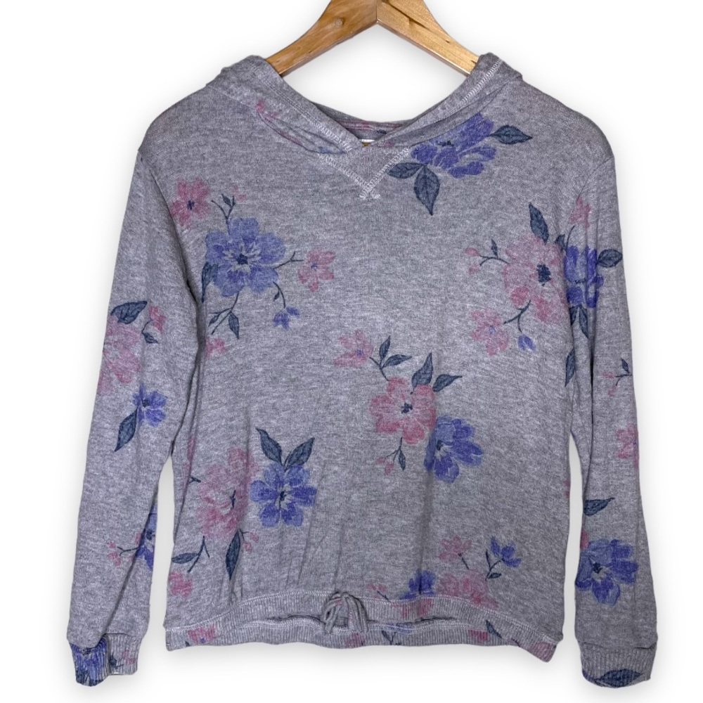 Bailey Lane Soft Gray Floral Drawstring Hem Hoodie